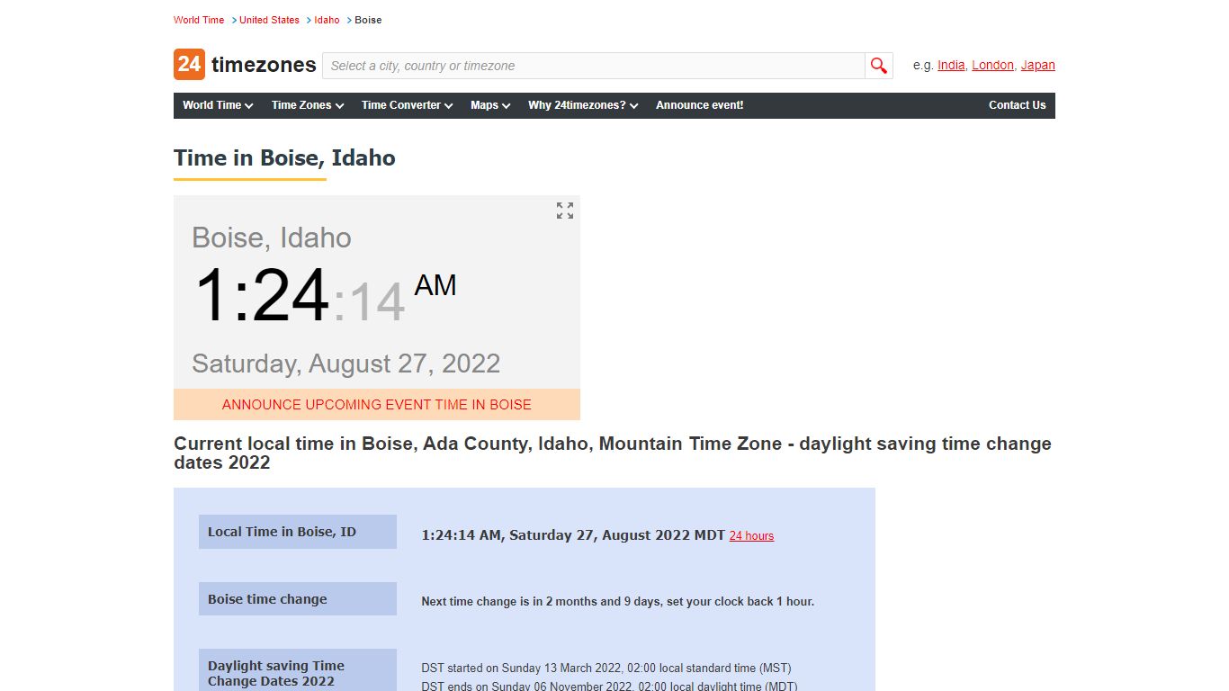 Current local time in Boise, Idaho - 24timezones.com