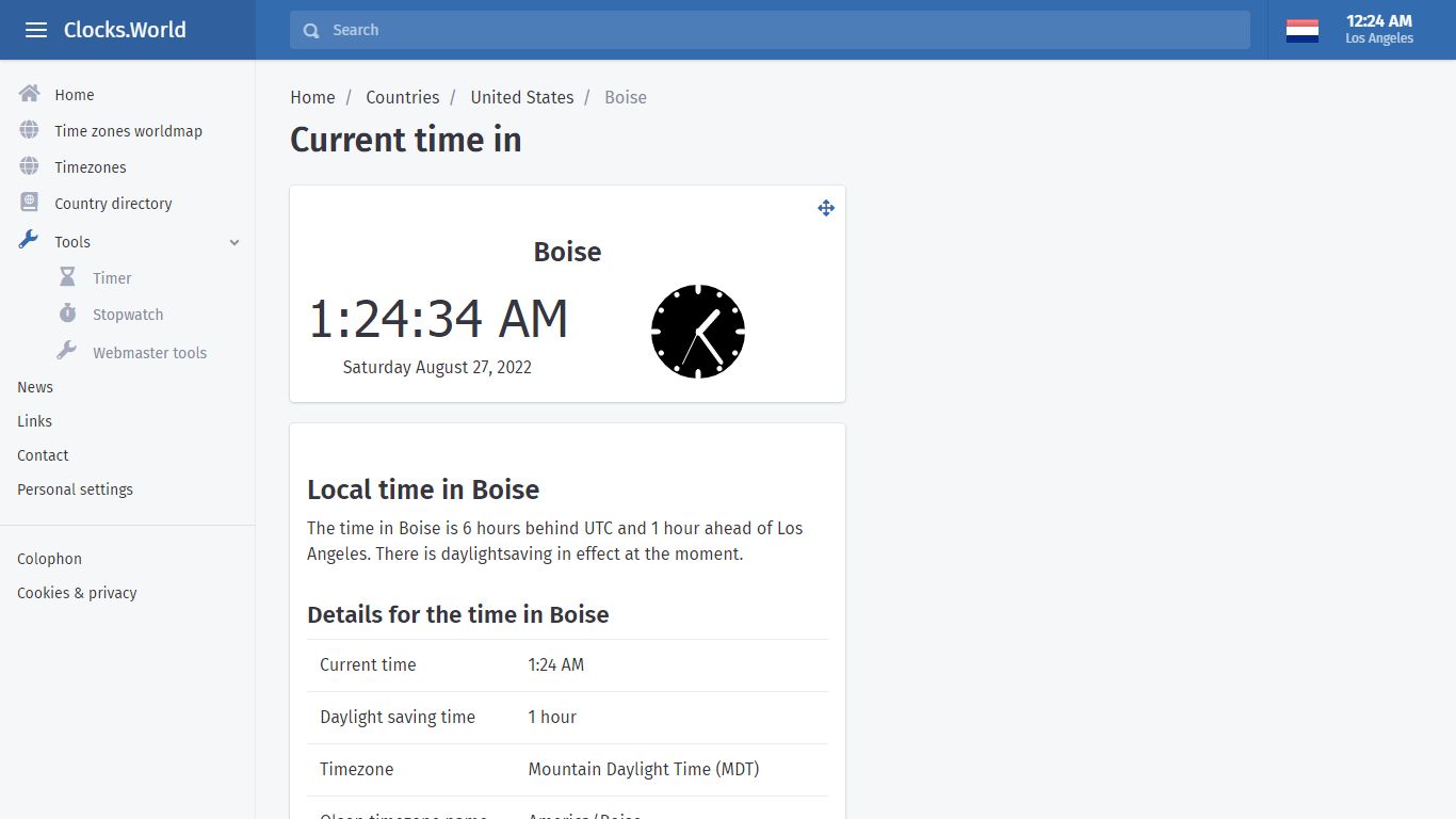 Current time in Boise, United States. - clocks.world